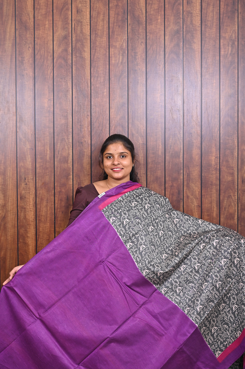 Semi Tussar Saree SLM-STS-0060 - Black and white print with a pink and orange border - second view