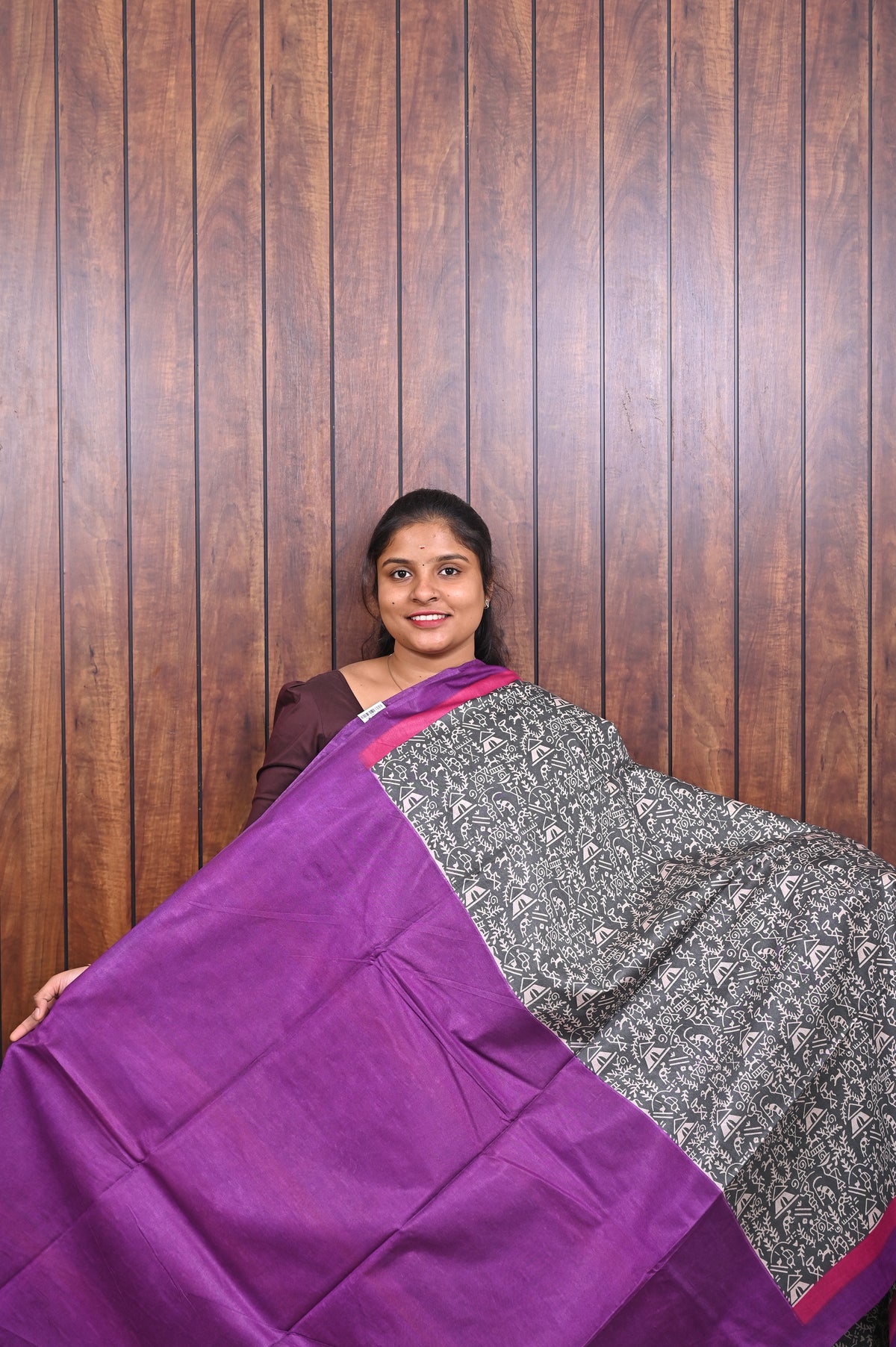 Semi Tussar Saree SLM-STS-0060 - Black and white print with a pink and orange border - second view