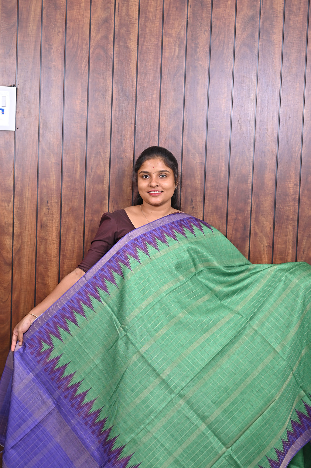 Semi Tussar Saree SLM-STS-0061 - Green with a purple temple border - front view