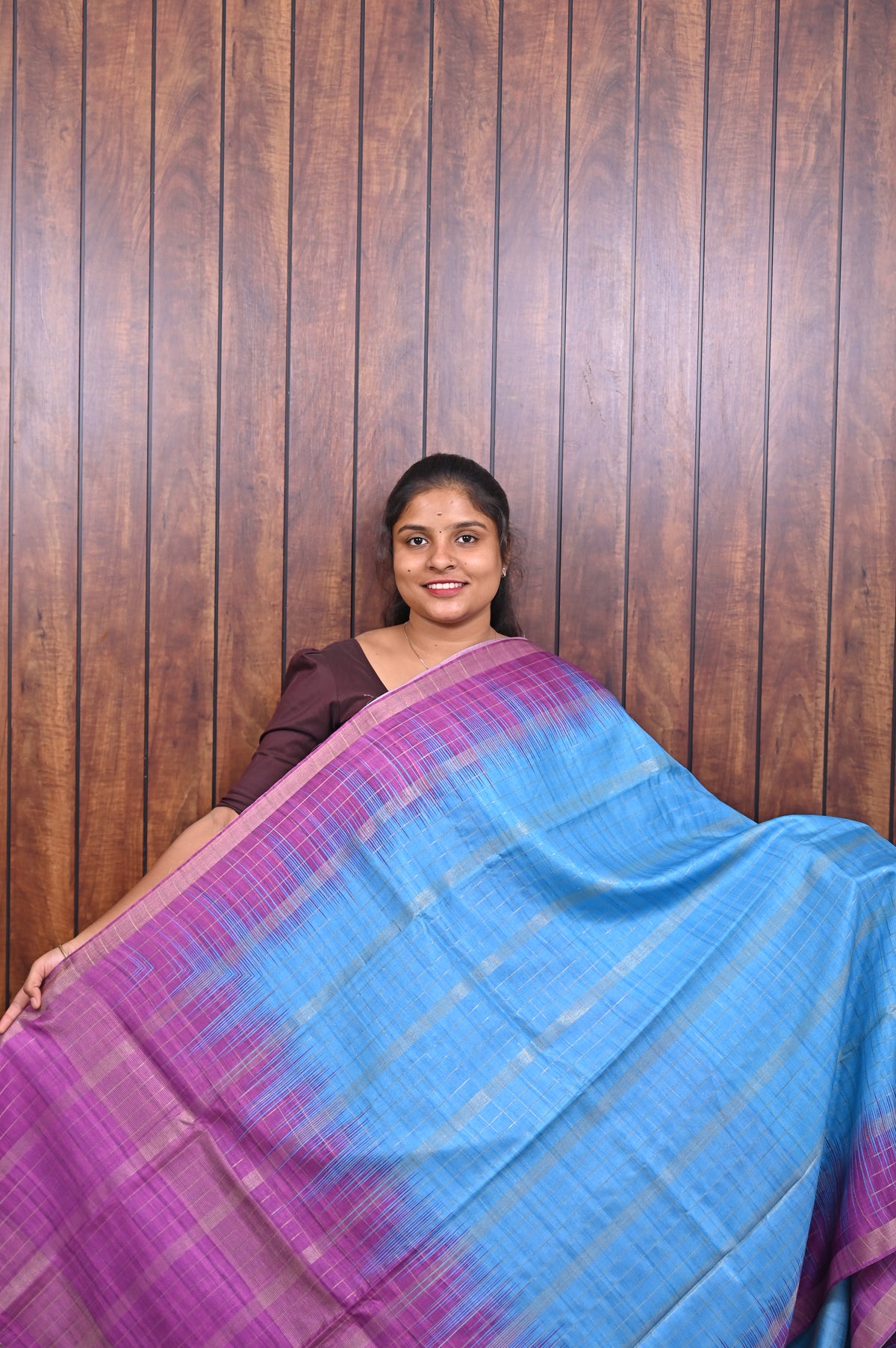 Semi Tussar Saree SLM-STS-0062 - Sky blue with a magenta and purple temple border - front view