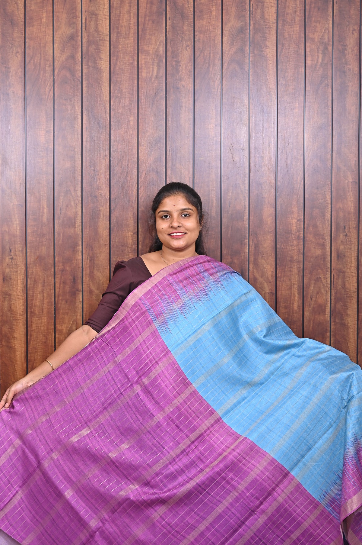 Semi Tussar Saree SLM-STS-0062 - Sky blue with a magenta and purple temple border - second view
