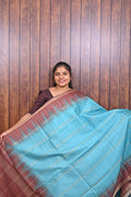 Semi Tussar Saree SLM-STS-0064 - Turquoise with a rust temple border - front view