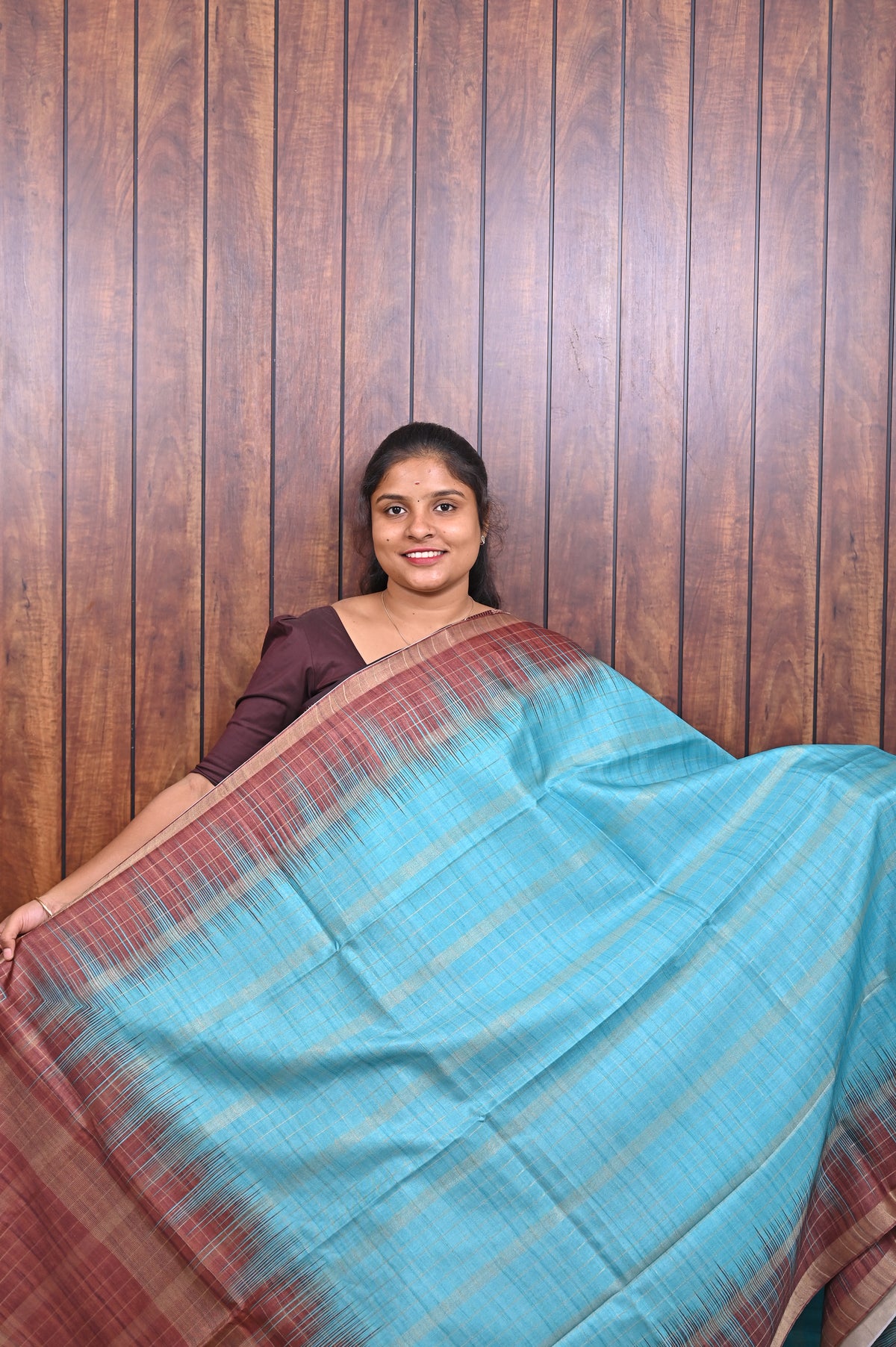 Semi Tussar Saree SLM-STS-0064 - Turquoise with a rust temple border - front view