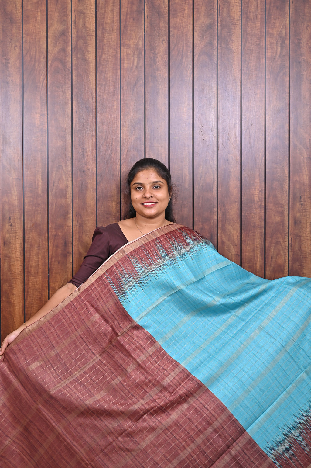 Semi Tussar Saree SLM-STS-0064 - Turquoise with a rust temple border - second view
