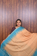 Semi Tussar Saree SLM-STS-0065 - Peach with a teal temple border - front view