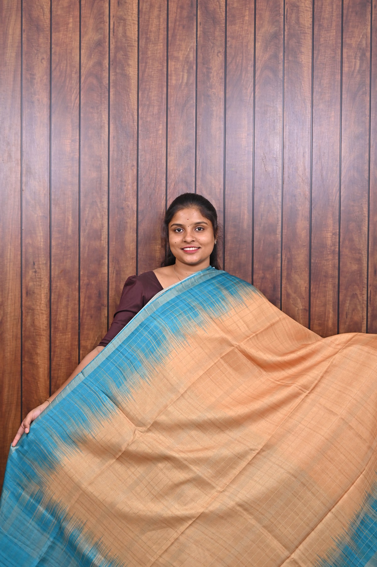 Semi Tussar Saree SLM-STS-0065 - Peach with a teal temple border - front view