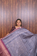 Semi Tussar Saree SLM-STS-0066 - Grey-lilac with swirl motifs and a pink border - front view