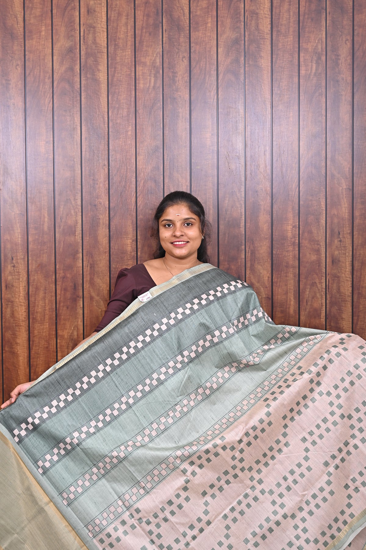 Semi Tussar Saree SLM-STS-0067 - Beige with a grey-green striped pallu - front view