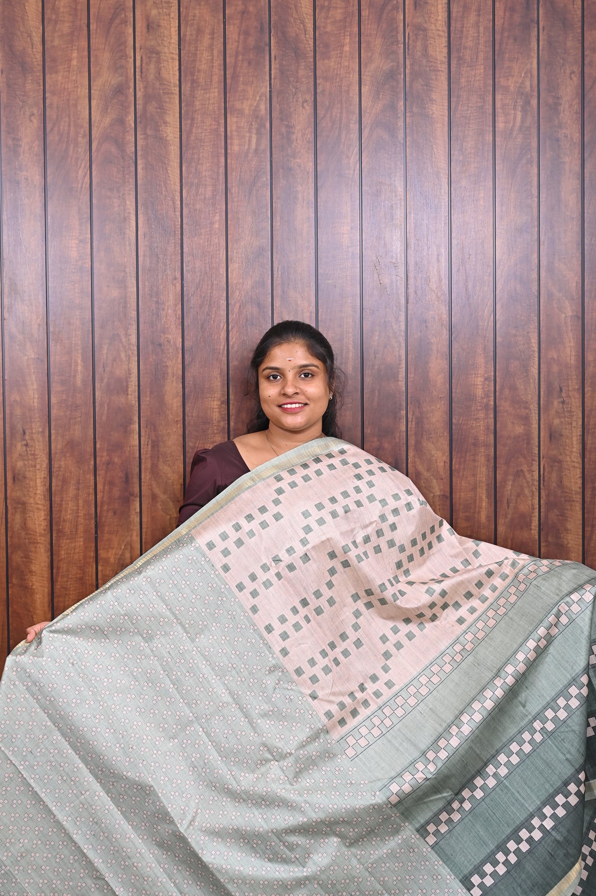 Semi Tussar Saree SLM-STS-0067 - Beige with a grey-green striped pallu - second view
