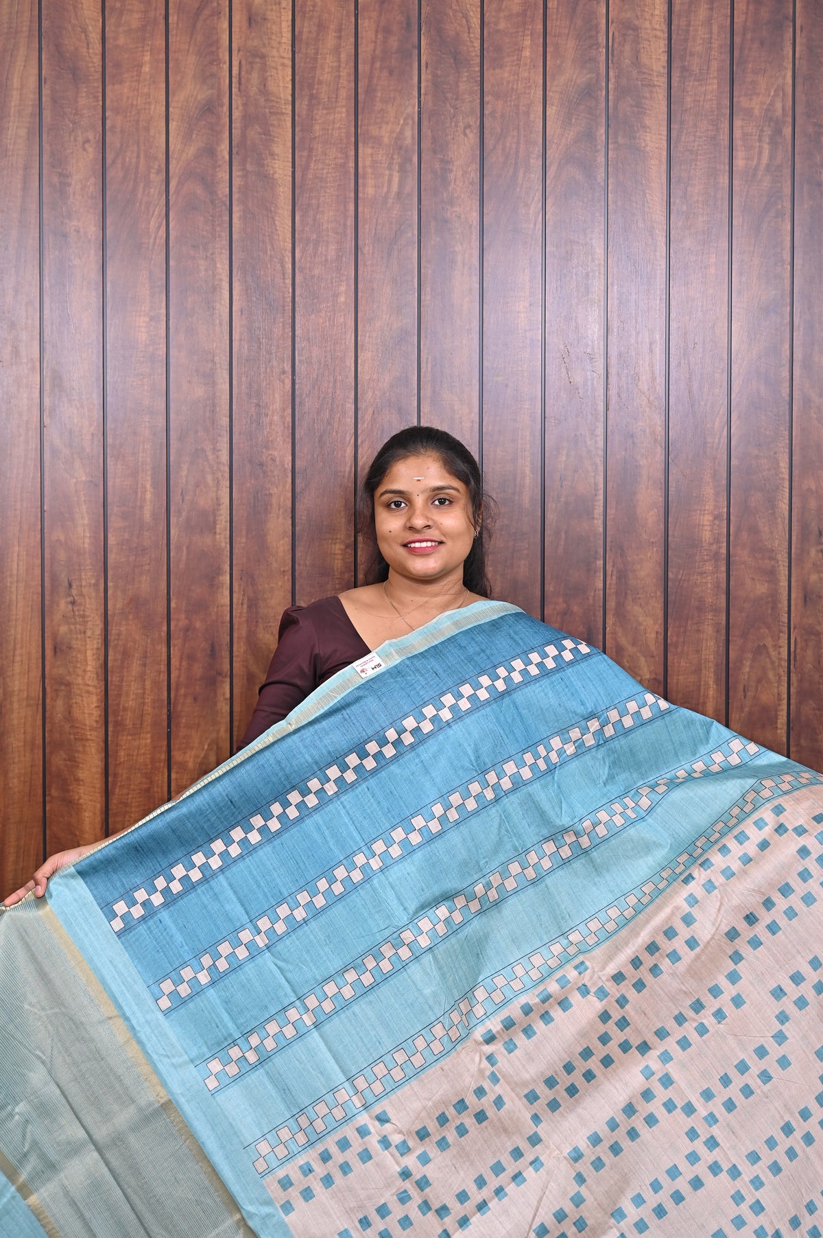 Semi Tussar Saree SLM-STS-0068 - Beige with a sky blue striped pallu - front view