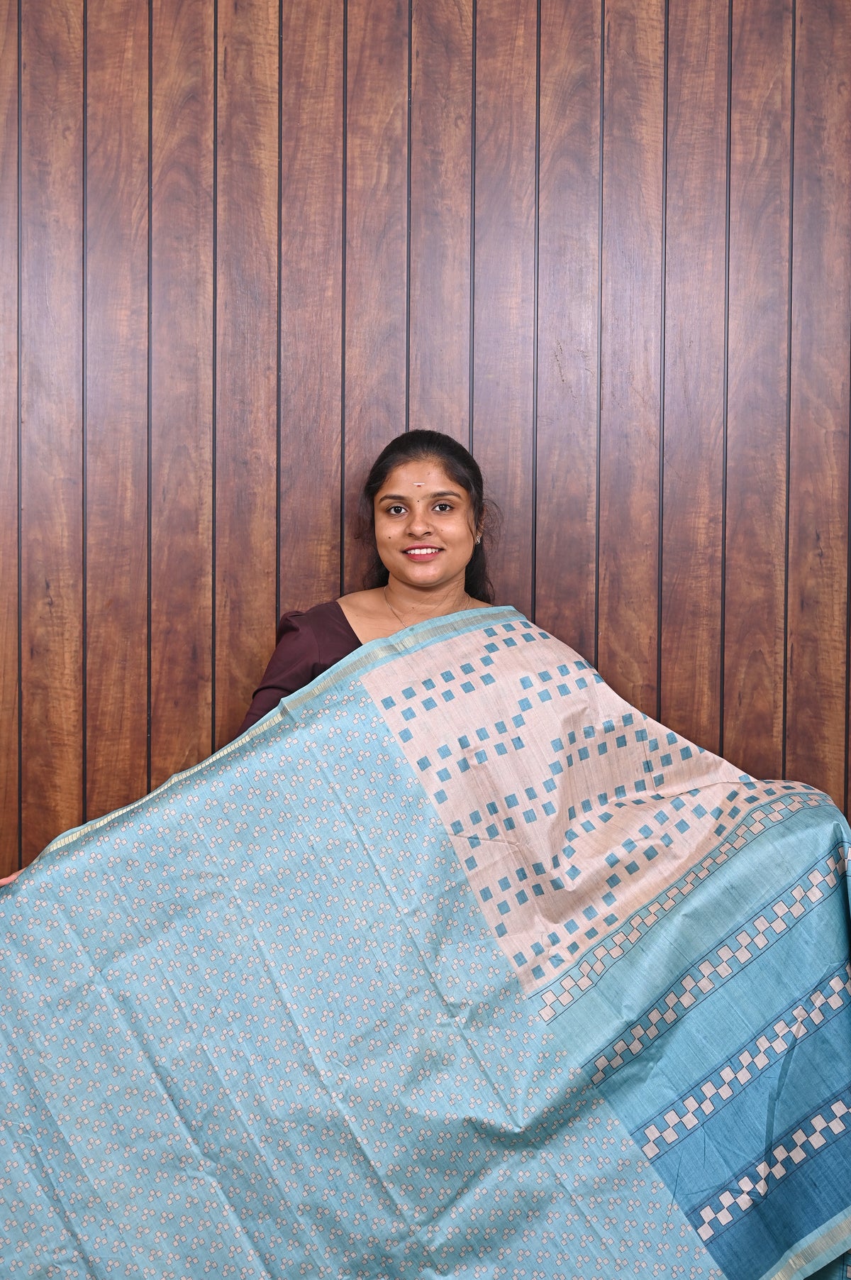 Semi Tussar Saree SLM-STS-0068 - Beige with a sky blue striped pallu - second view