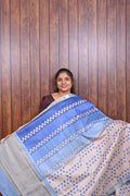Semi Tussar Saree SLM-STS-0069 - Light blue with a royal blue striped pallu - front view
