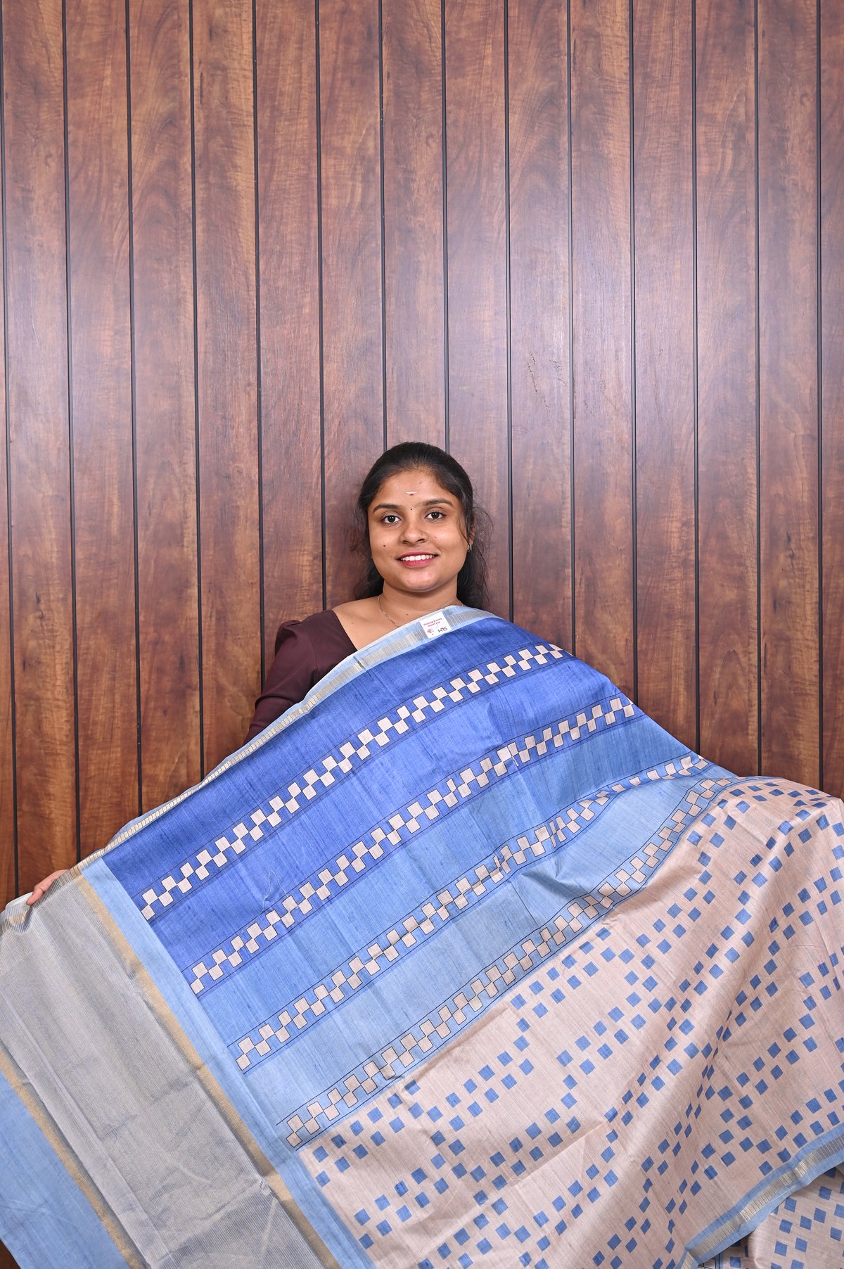 Semi Tussar Saree SLM-STS-0069 - Light blue with a royal blue striped pallu - front view