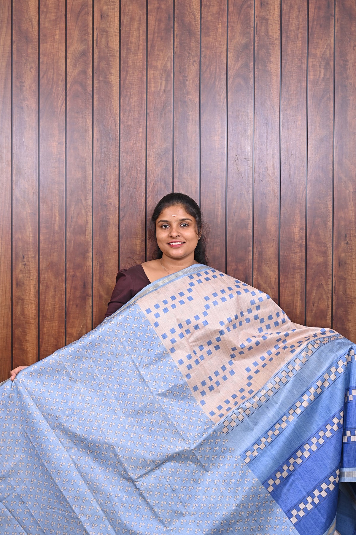 Semi Tussar Saree SLM-STS-0069 - Light blue with a royal blue striped pallu - second view