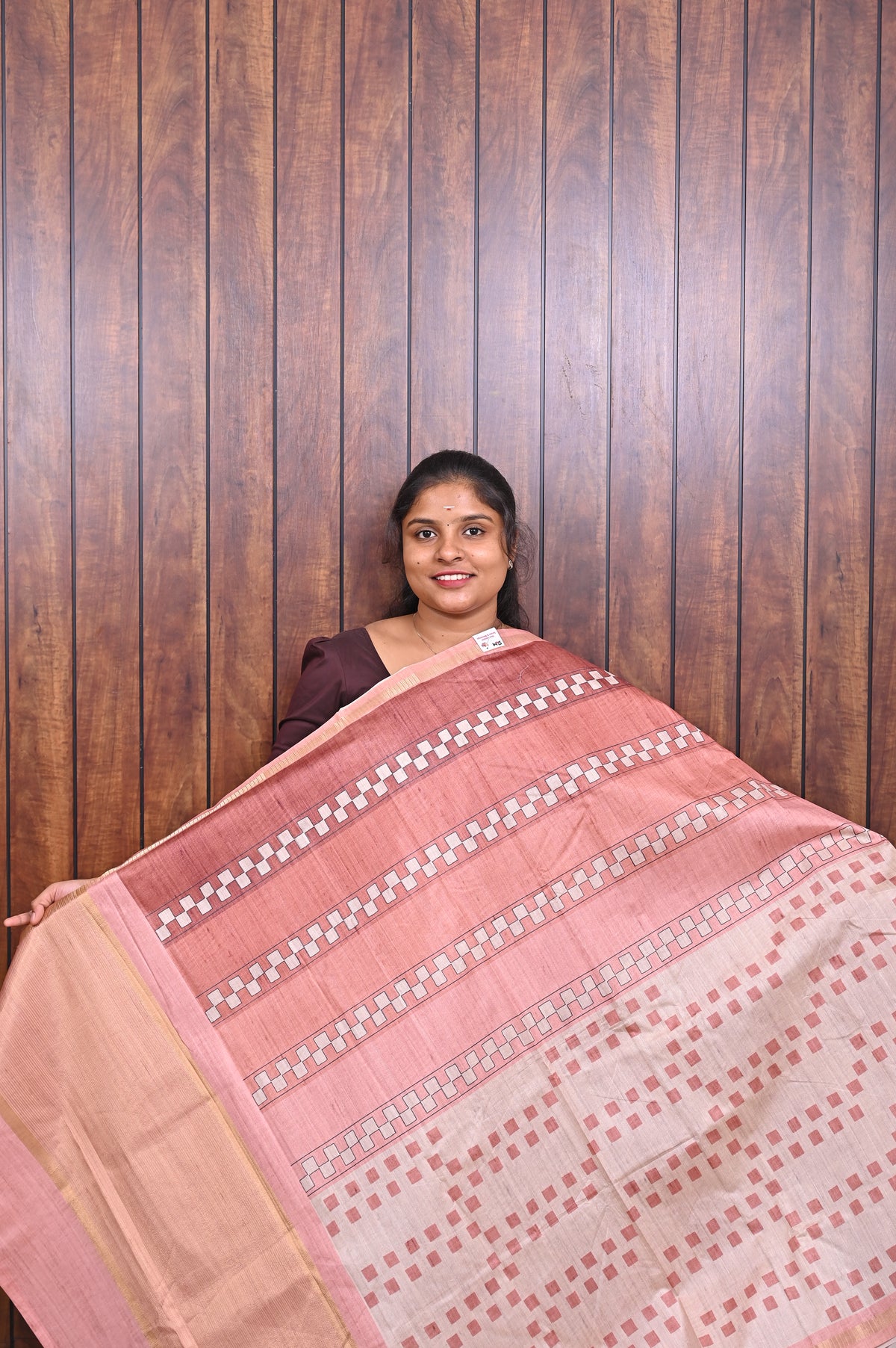 Semi Tussar Saree SLM-STS-0070 - Peach with a coral striped pallu - front view
