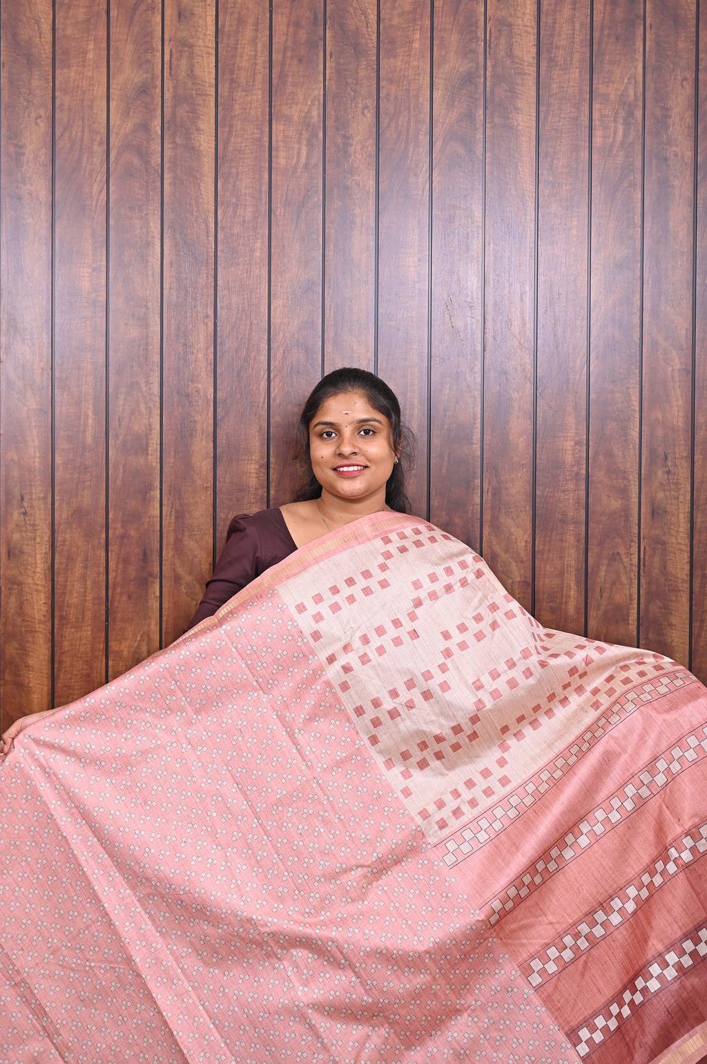 Semi Tussar Saree SLM-STS-0070 - Peach with a coral striped pallu - second view