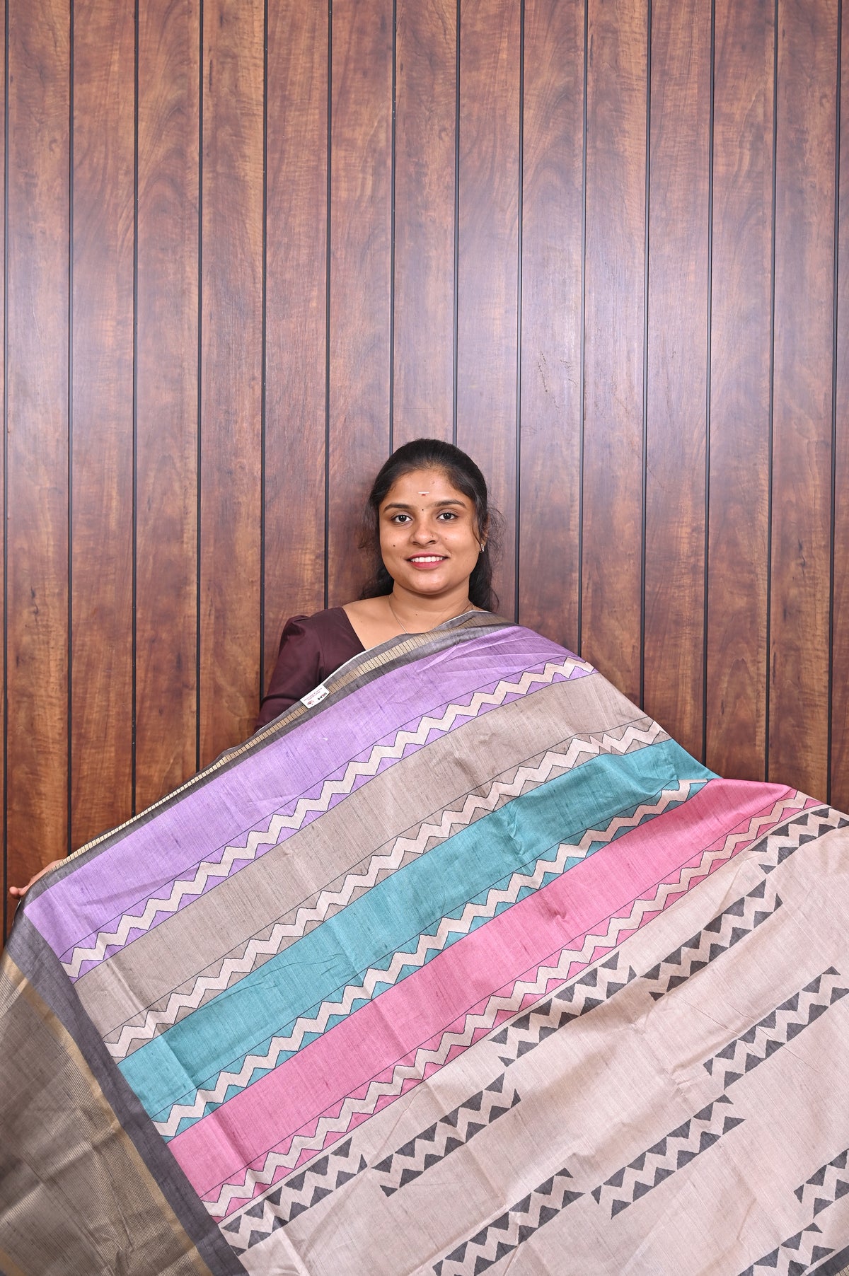 Semi Tussar Saree SLM-STS-0071 - Beige with a lavender, teal and pink striped pallu - front view