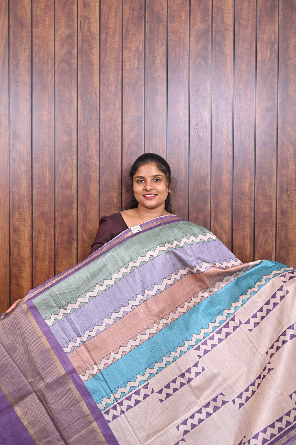 Semi Tussar Saree SLM-STS-0072 - Beige with a lavender, green and peach striped pallu - front view