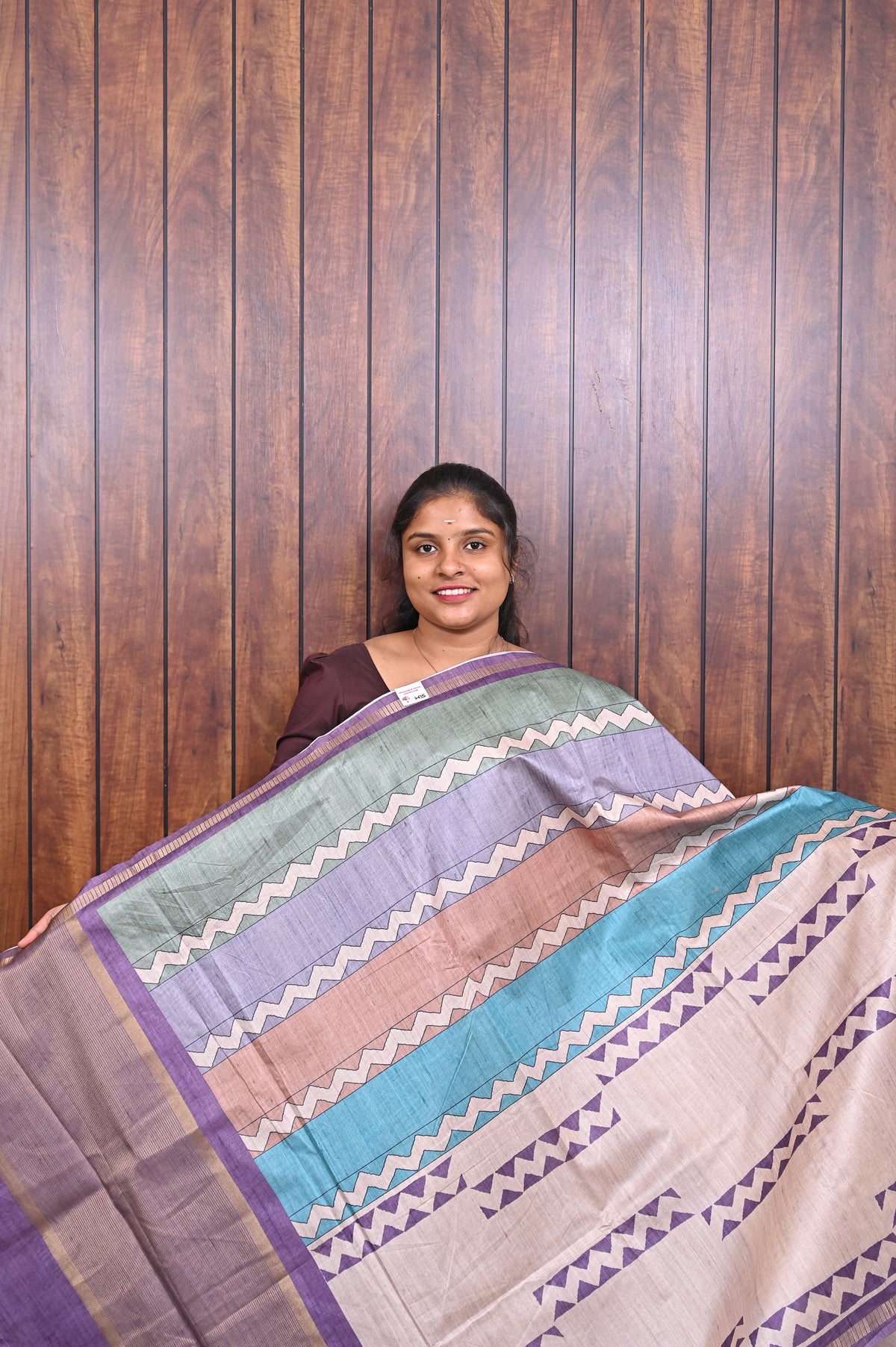 Semi Tussar Saree SLM-STS-0072 - Beige with a lavender, green and peach striped pallu - front view