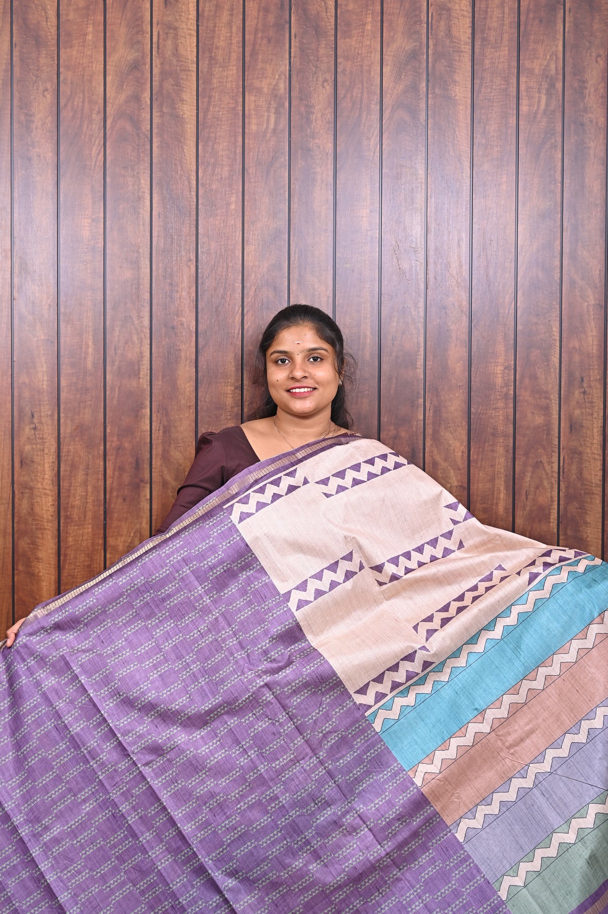 Semi Tussar Saree SLM-STS-0072 - Beige with a lavender, green and peach striped pallu - second view