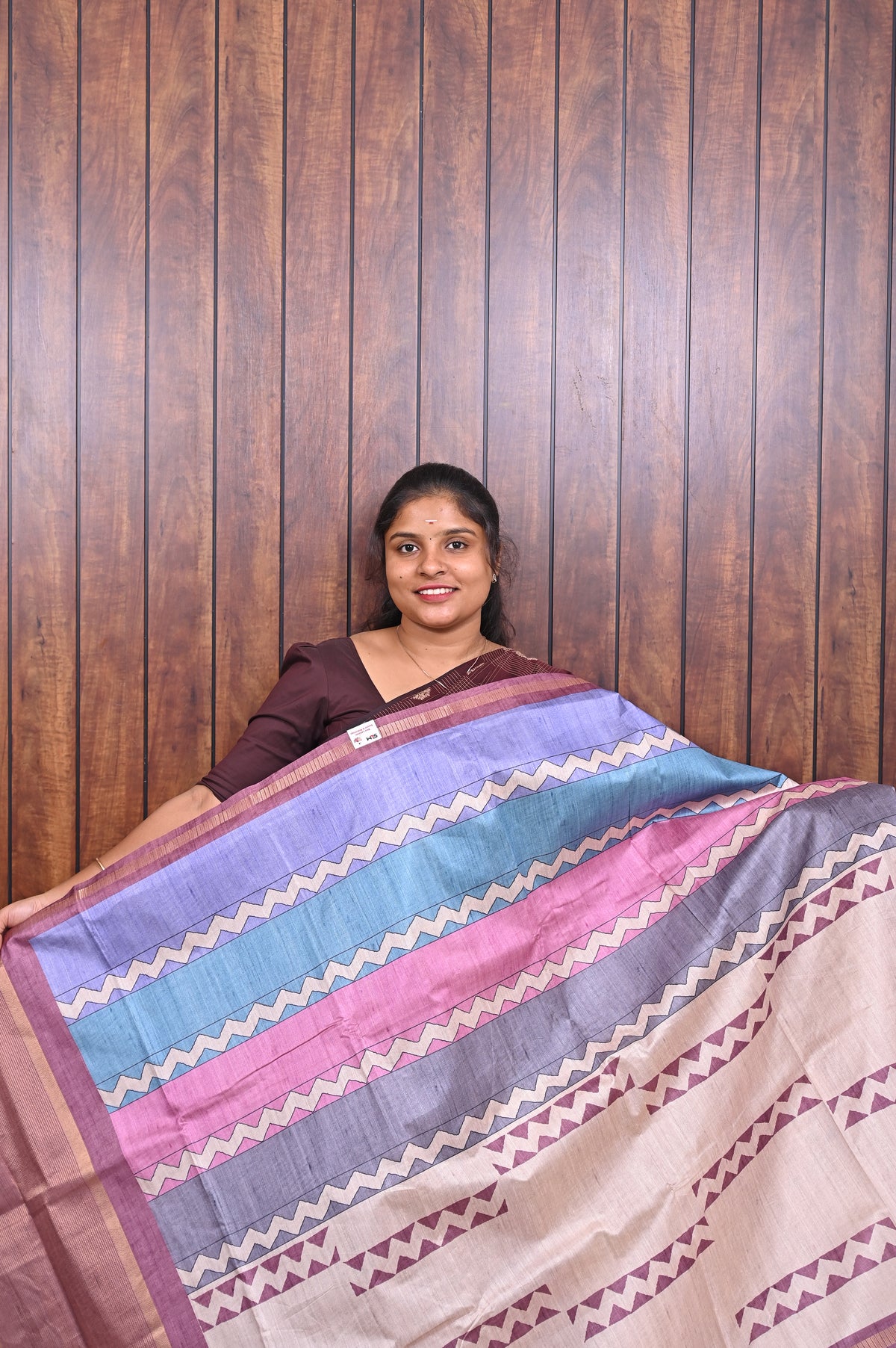 Semi Tussar Saree SLM-STS-0073 - Beige with a blue and pink striped pallu - front view