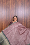 Semi Tussar Saree SLM-STS-0074 - Rosewood with swirl motifs and a green border - front view
