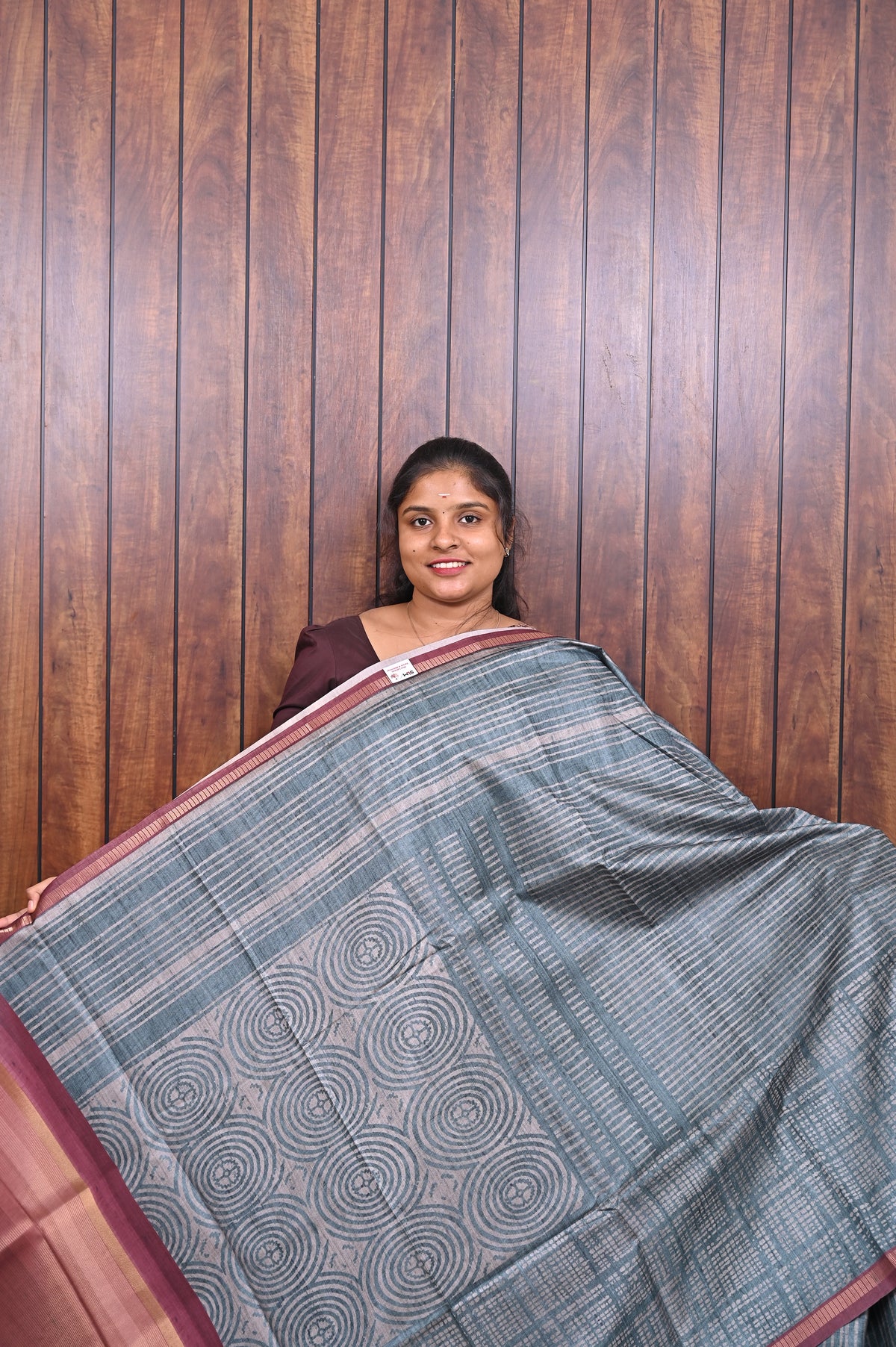 Semi Tussar Saree SLM-STS-0075 - Teal grey with swirl motifs and a pink border - front view