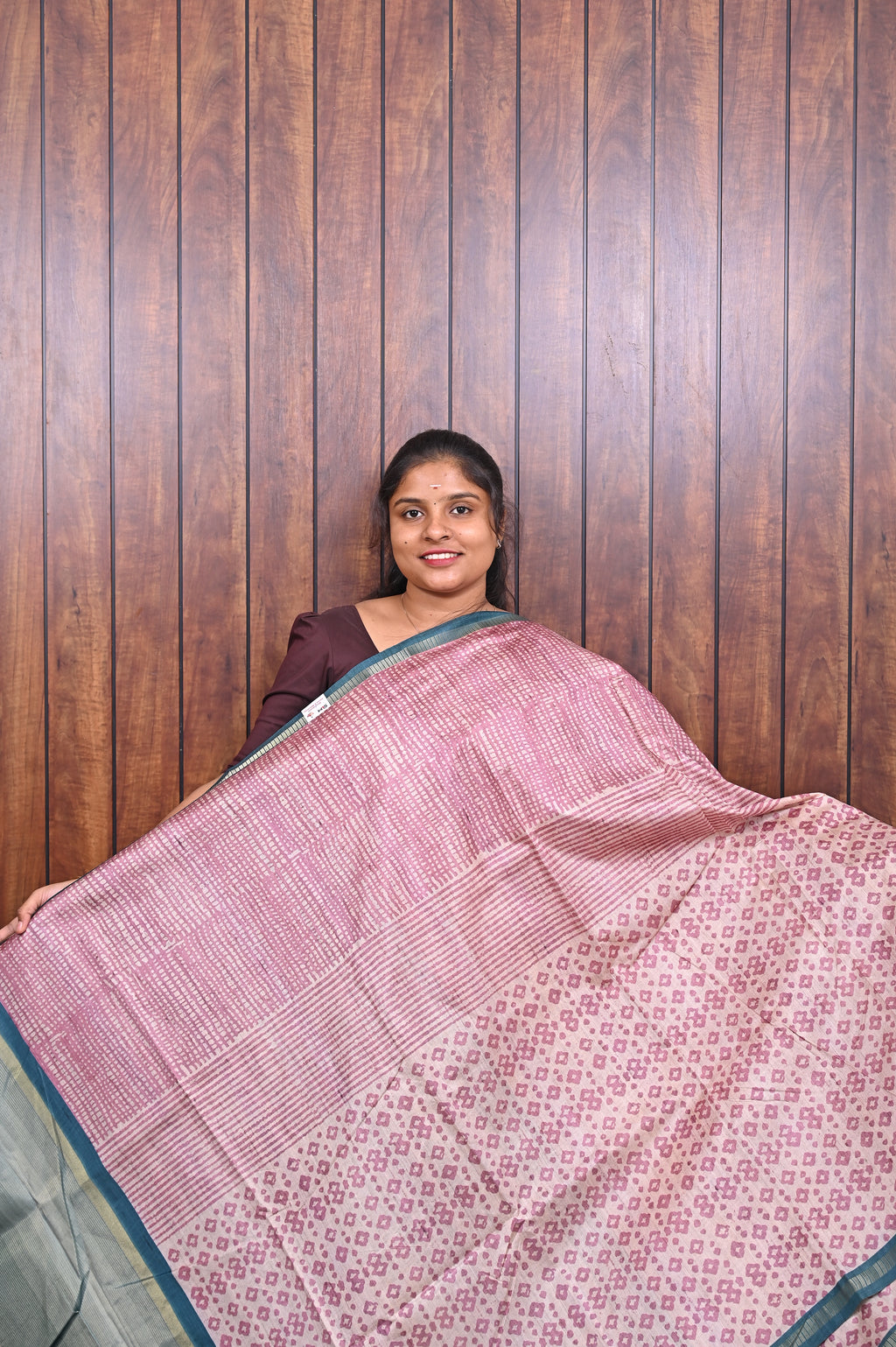 Semi Tussar Saree SLM-STS-0076 - Pink with a printed pallu and teal border - front view