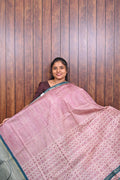 Semi Tussar Saree SLM-STS-0076 - Pink with a printed pallu and teal border - front view