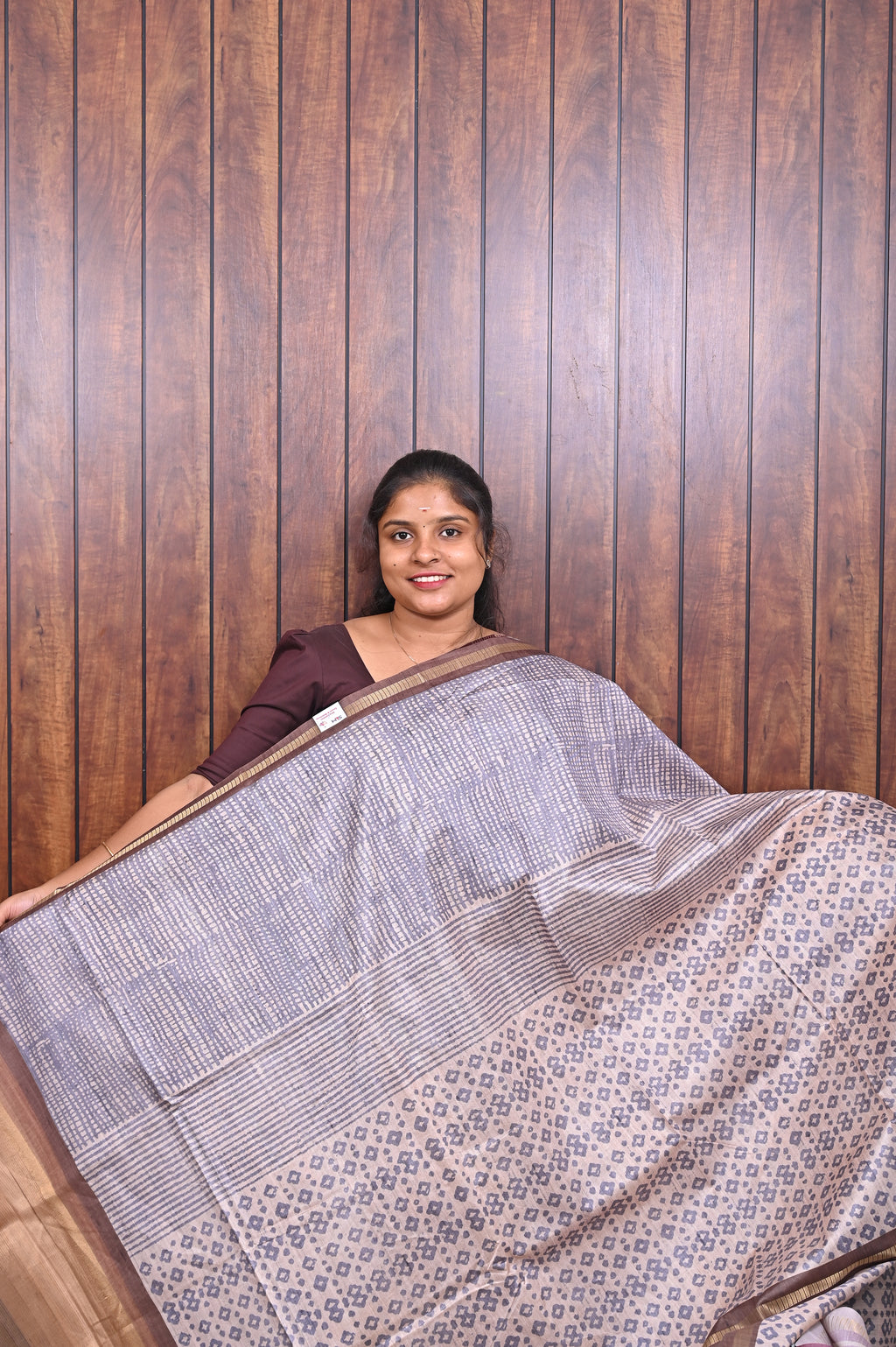 Semi Tussar Saree SLM-STS-0078 - Lilac grey with a printed pallu and brown border - front view