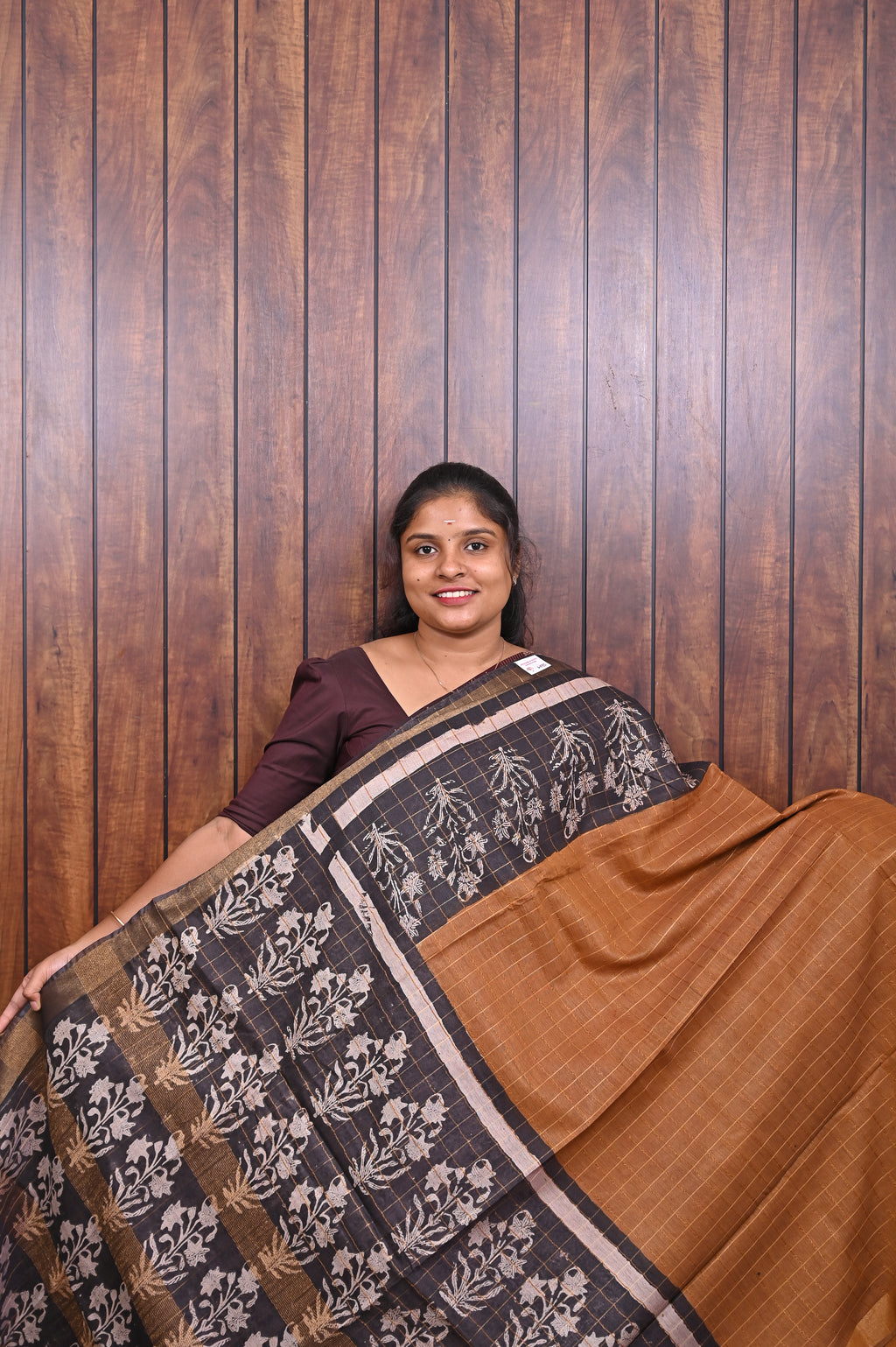 Semi Tussar Saree SLM-STS-0079 - Rust brown with a charcoal floral printed pallu - front view