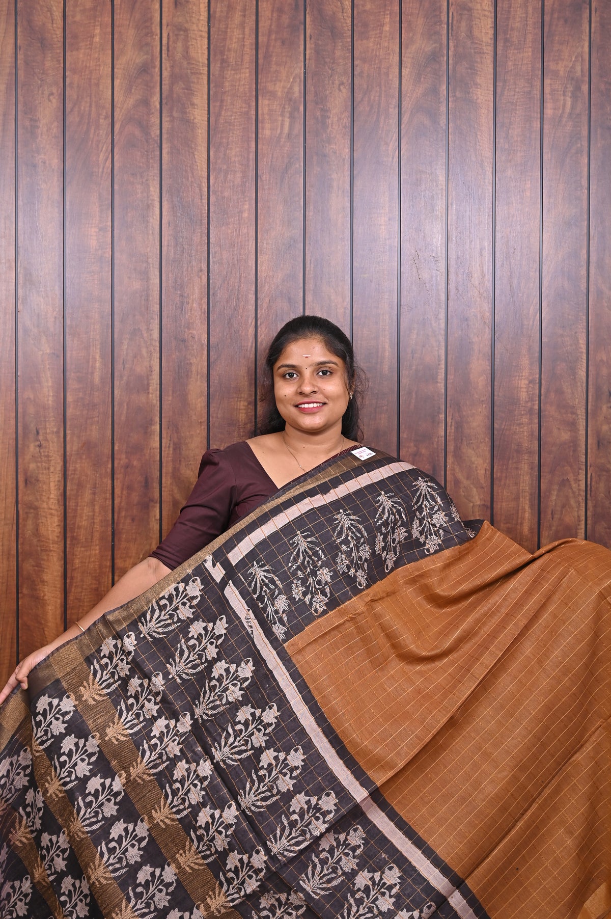 Semi Tussar Saree SLM-STS-0079 - Rust brown with a charcoal floral printed pallu - front view