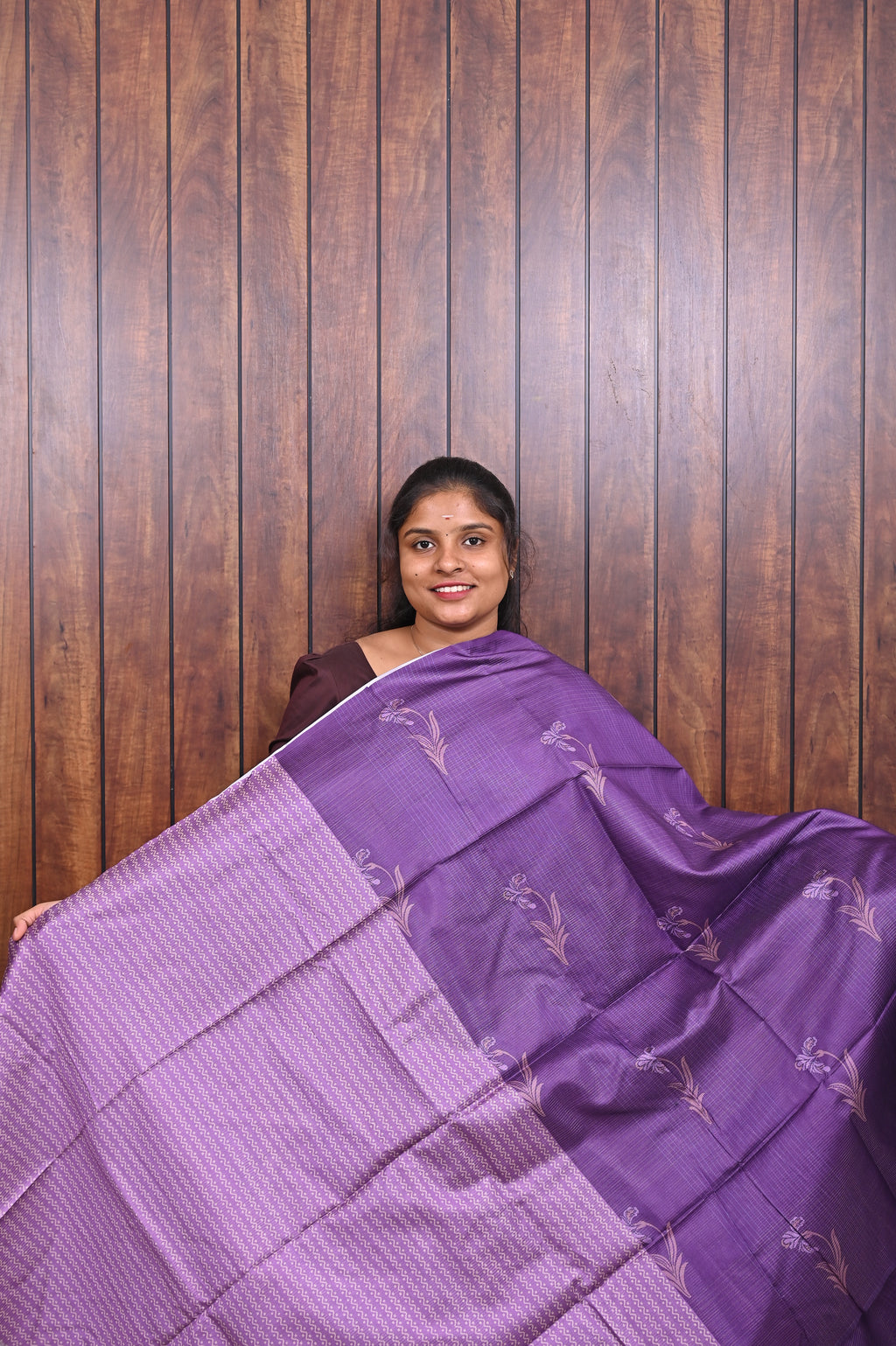 Semi Tussar Saree SLM-STS-0080 - Purple with bird motifs and a lilac border - second view