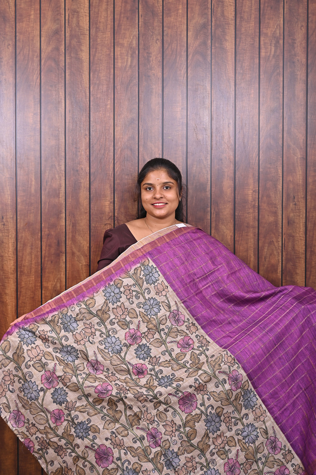 Semi Tussar Saree SLM-STS-0081 - Magenta with a printed floral pallu - second view