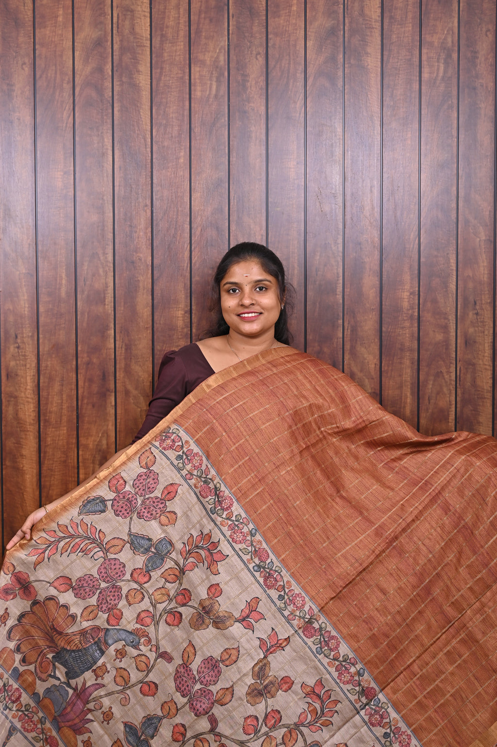 Semi Tussar Saree SLM-STS-0082 - Rust orange with a printed floral pallu - front view