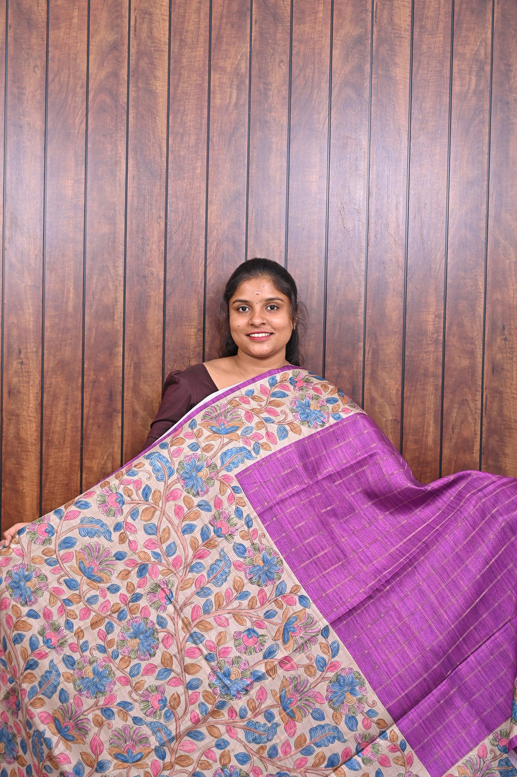 Semi Tussar Saree SLM-STS-0083 - Purple with an all-over floral print - front view