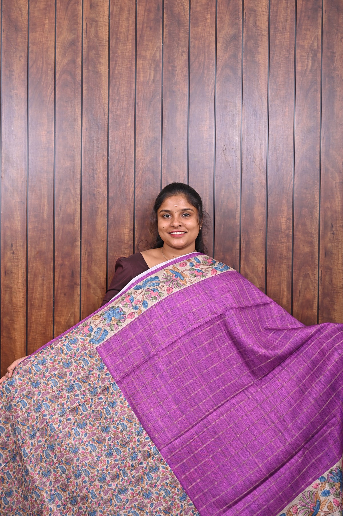 Semi Tussar Saree SLM-STS-0083 - Purple with an all-over floral print - second view