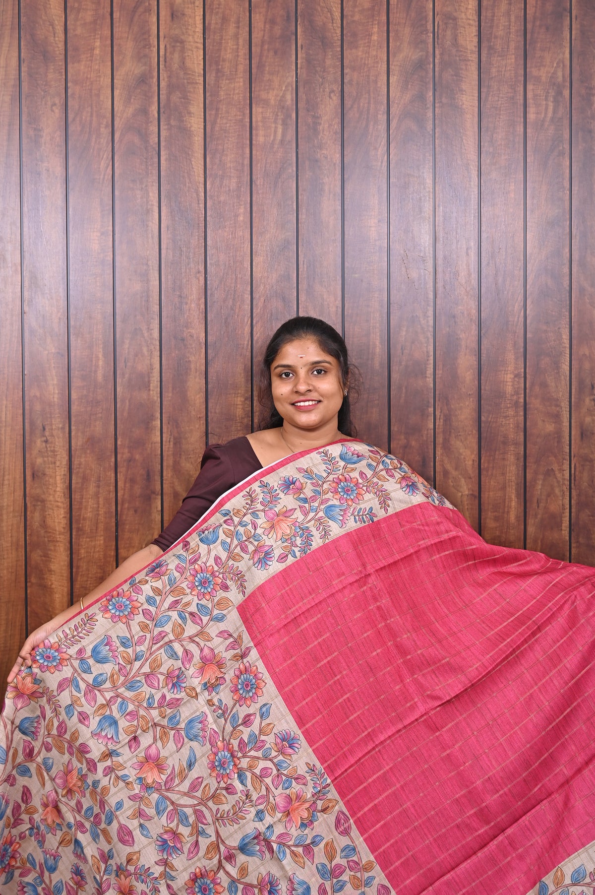 Semi Tussar Saree SLM-STS-0084 - Pink with an all-over floral print - front view