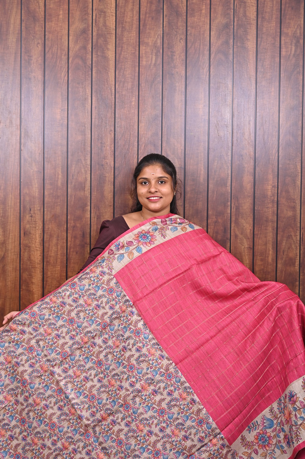 Semi Tussar Saree SLM-STS-0084 - Pink with an all-over floral print - second view