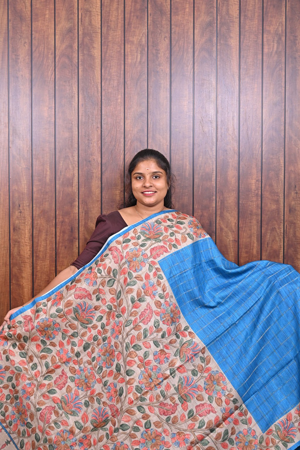 Semi Tussar Saree SLM-STS-0085 - Blue with an all-over floral print - front view