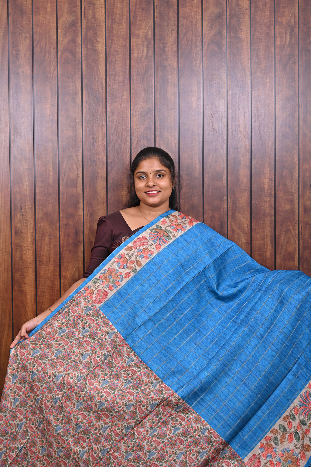 Semi Tussar Saree SLM-STS-0085 - Blue with an all-over floral print - second view