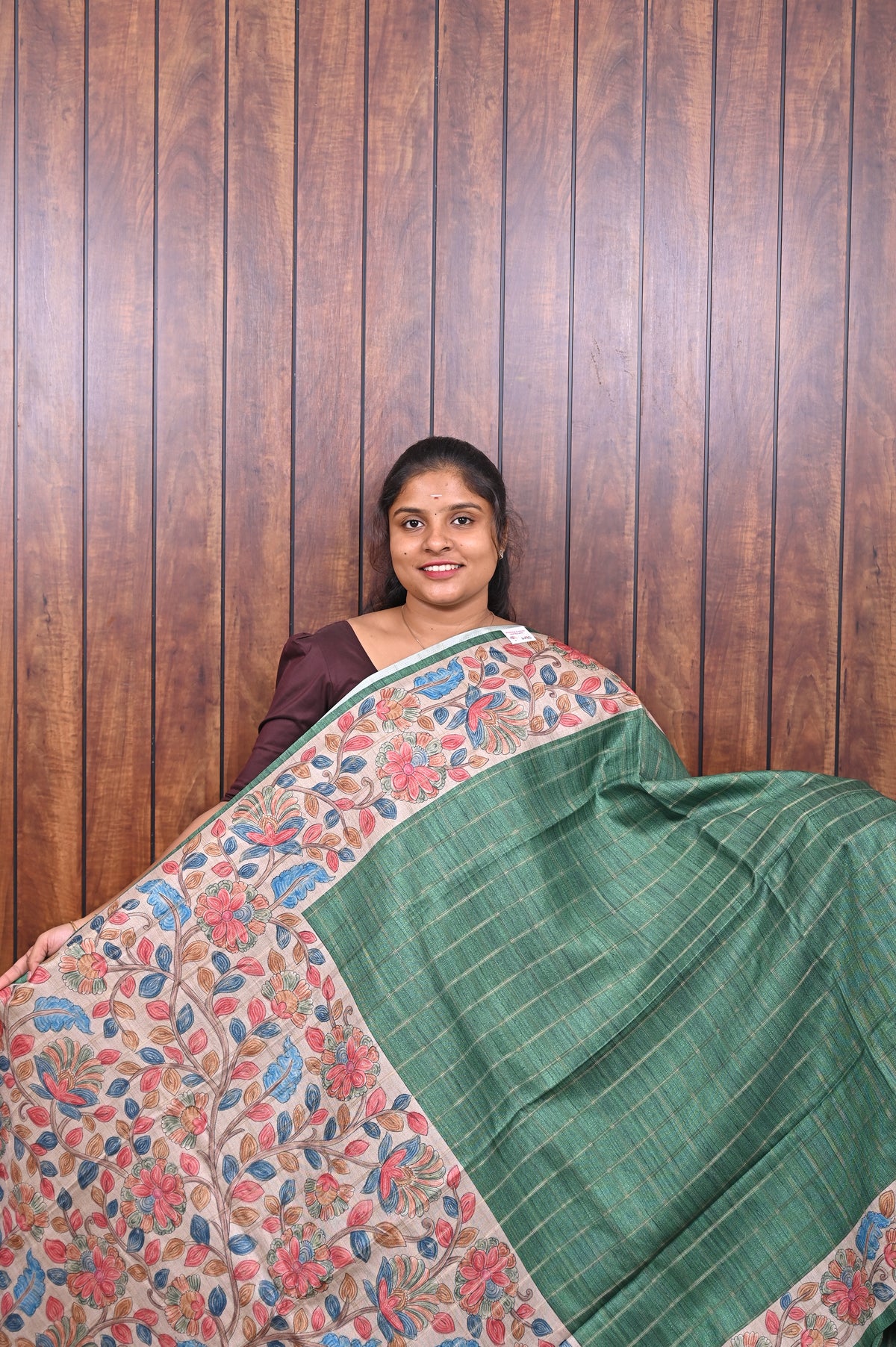 Semi Tussar Saree SLM-STS-0086 - Green with an all-over floral print - front view