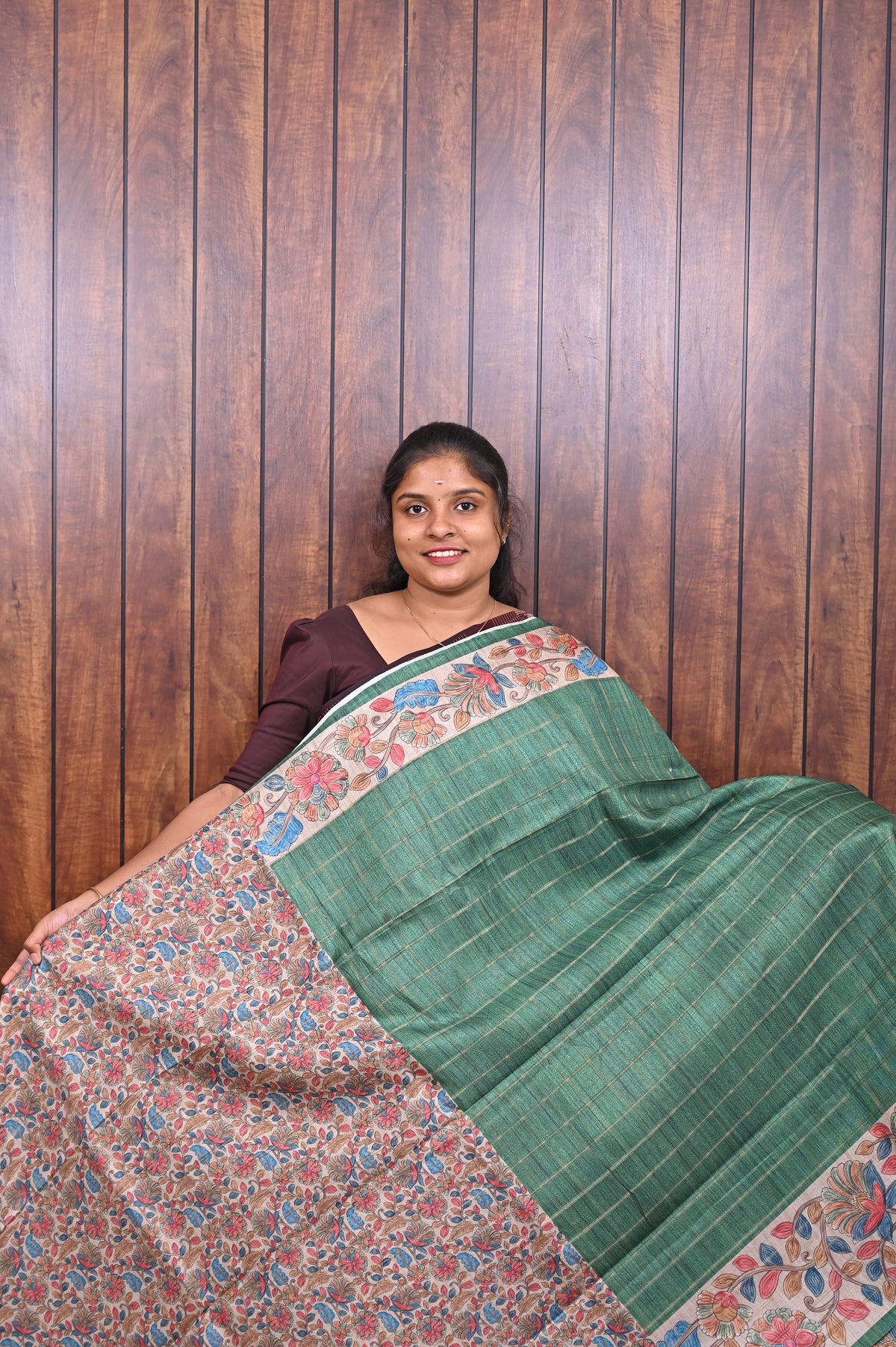 Semi Tussar Saree SLM-STS-0086 - Green with an all-over floral print - second view