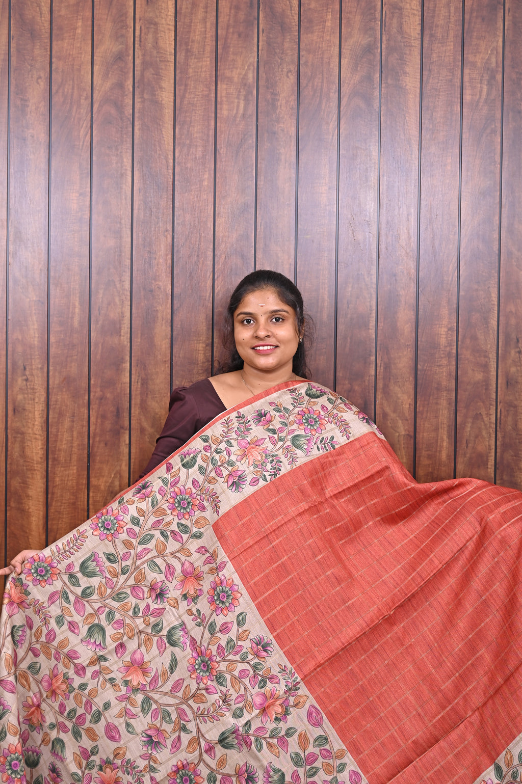 Semi Tussar Saree SLM-STS-0087 - Coral orange with an all-over floral print - front view