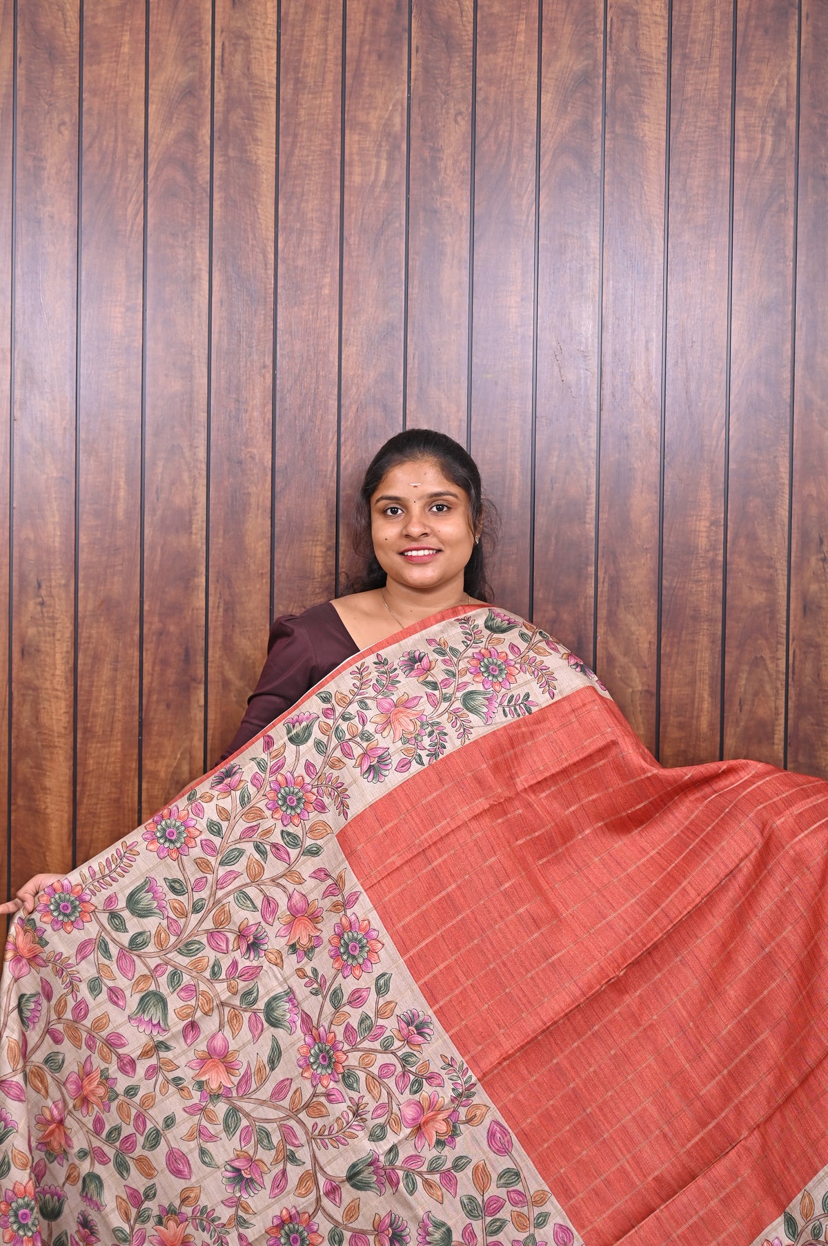 Semi Tussar Saree SLM-STS-0087 - Coral orange with an all-over floral print - front view