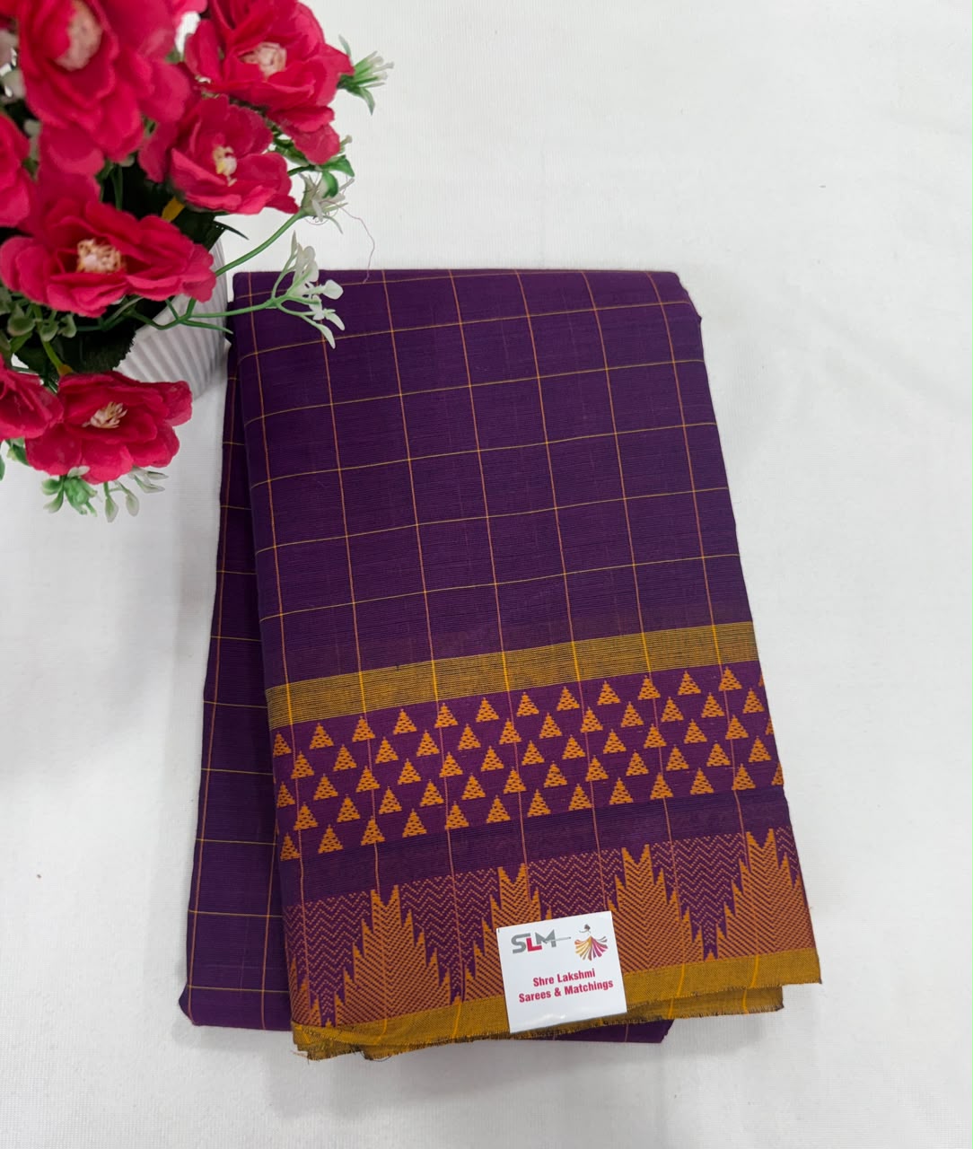 Chettinad cotton saree pink maroon check gold temple border