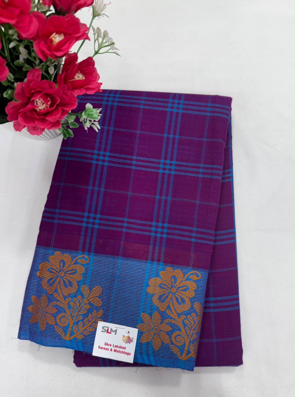 Chettinad cotton saree purple gold check mustard temple border