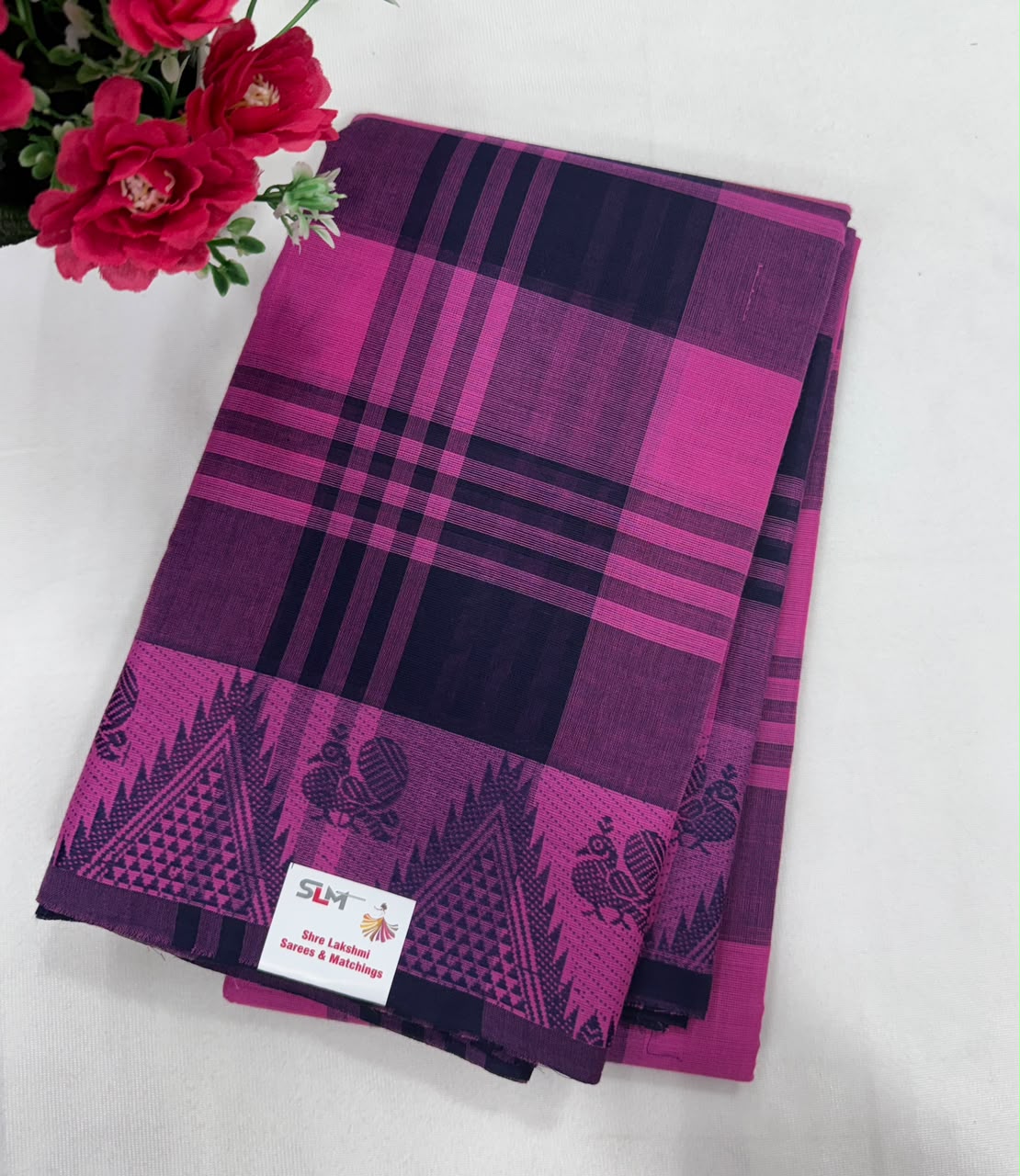 Chettinad cotton saree purple blue check gold floral border