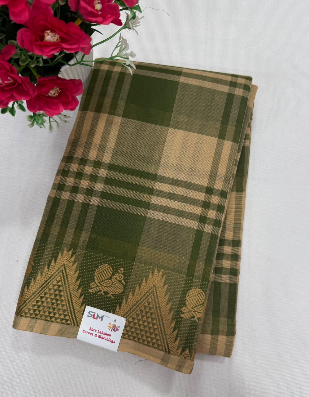 Chettinad cotton saree olive green beige check gold temple border