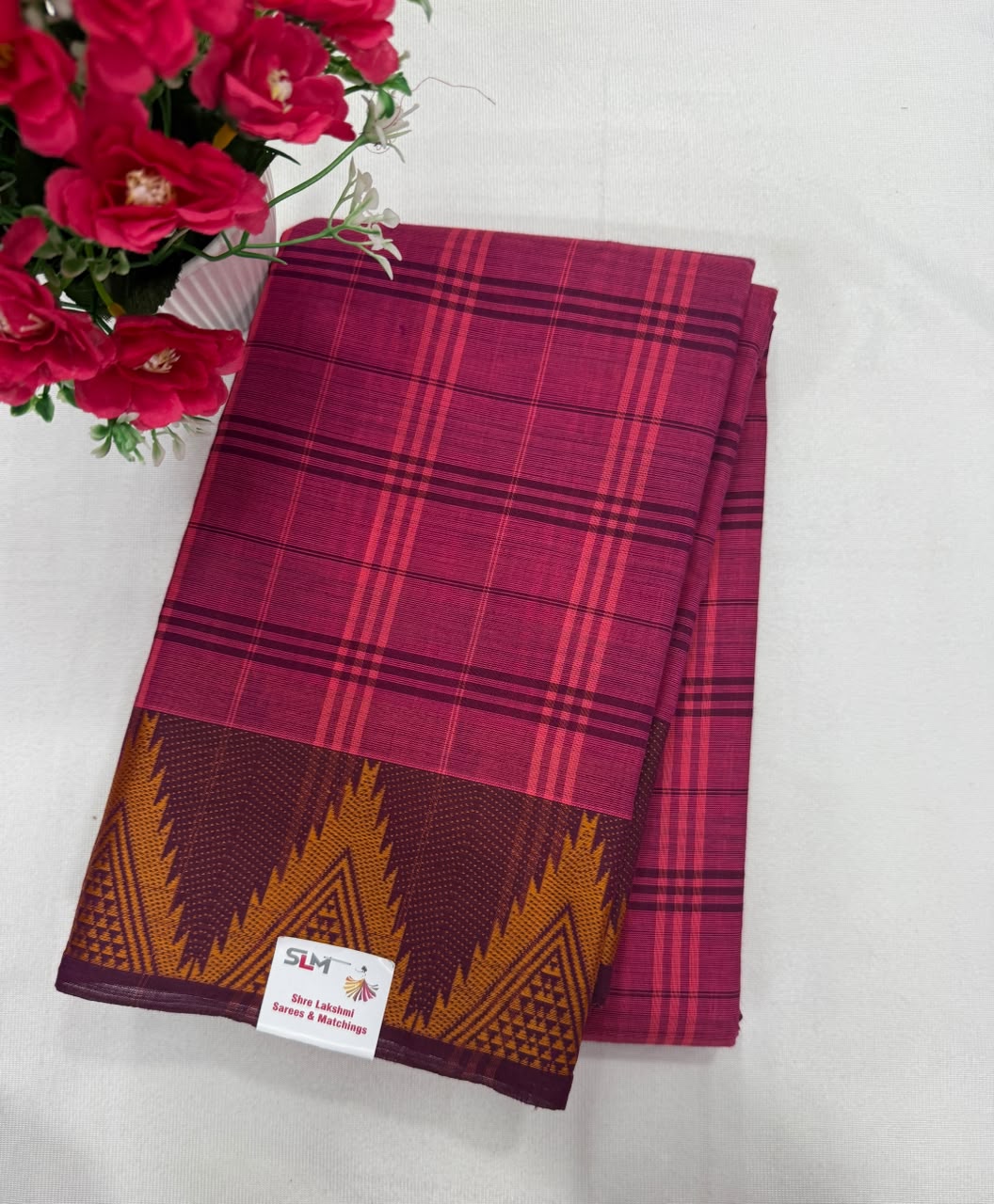 Chettinad cotton saree magenta dark check peacock temple border
